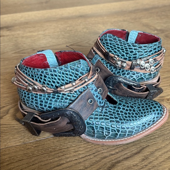 FREEBIRD Saloon 7 | Teal Crocodile Pattern Leather Ankle Boots w/ Studded Straps - Picture 5 of 5